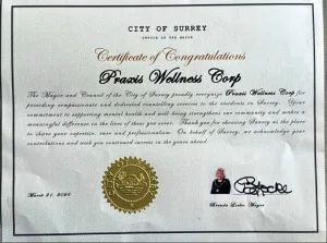 City of Surrey Certificate of Congratulations to Praxis Wellness Corp, March 21, 2026